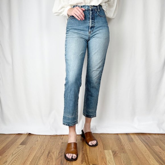 Vintage Button Fly High Rise Ribcage Straight Leg Relaxed Fit Faded Denim Jeans - Picture 5 of 8